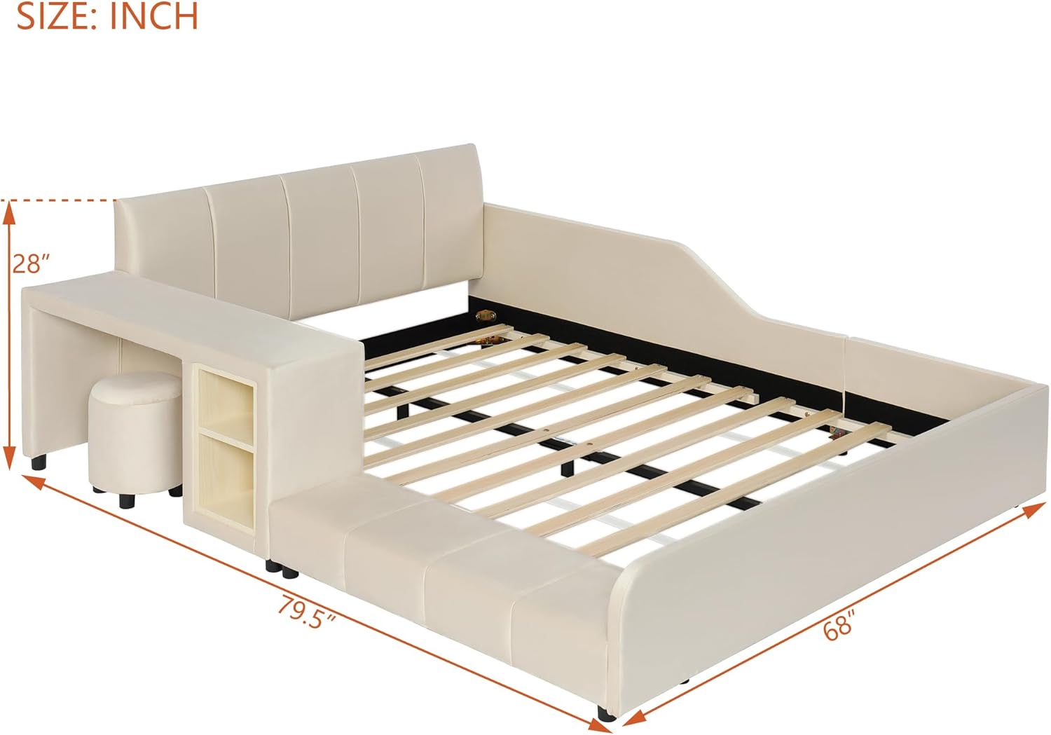 Velvet Upholstered Grounded Platform Bed, Wooden Full Size Mother & Child Bed Frame with Bedside Desk and Little Round Stool, Kids Adults Bedroom Furniture Floor Bed Platform (Beige)