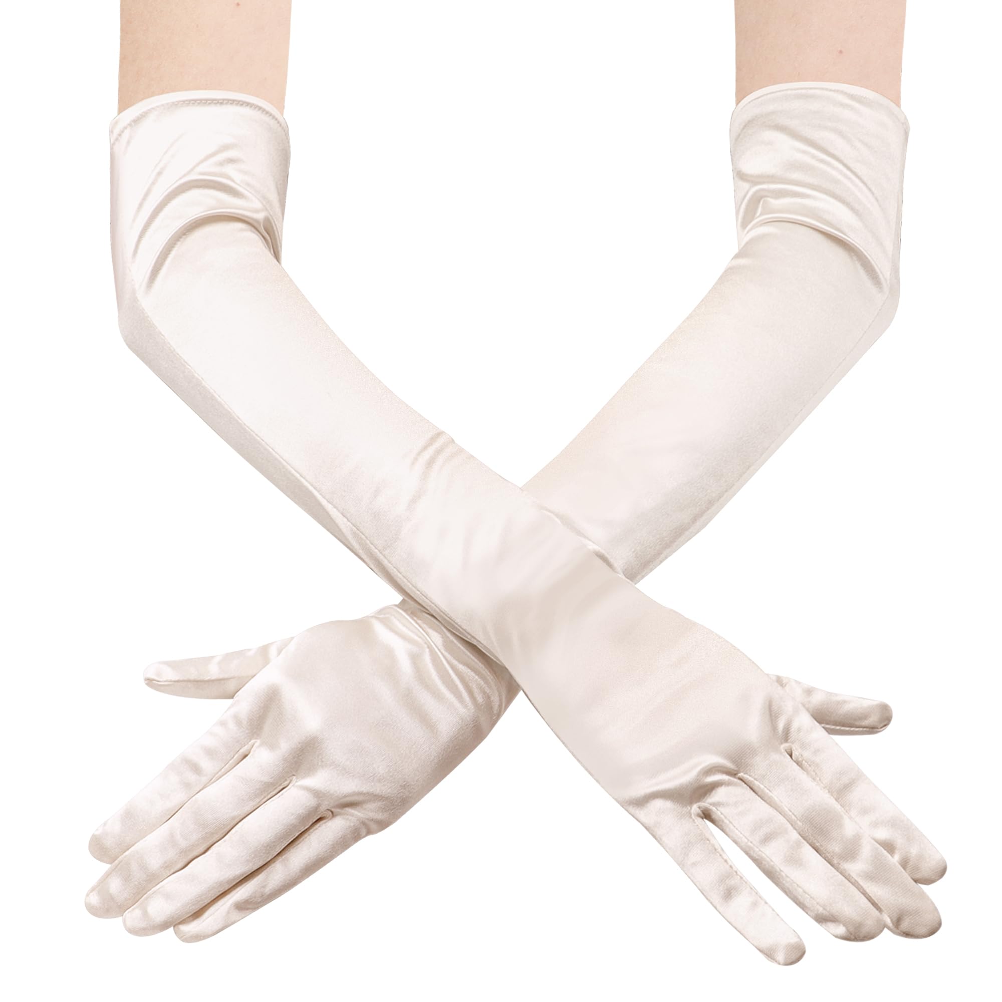 JUNART Long Satin Gloves,Elegant Elbow Length Gloves for Opera Party, Wedding, Evening Dresses,Carnival Costume, Dance(Champagne)