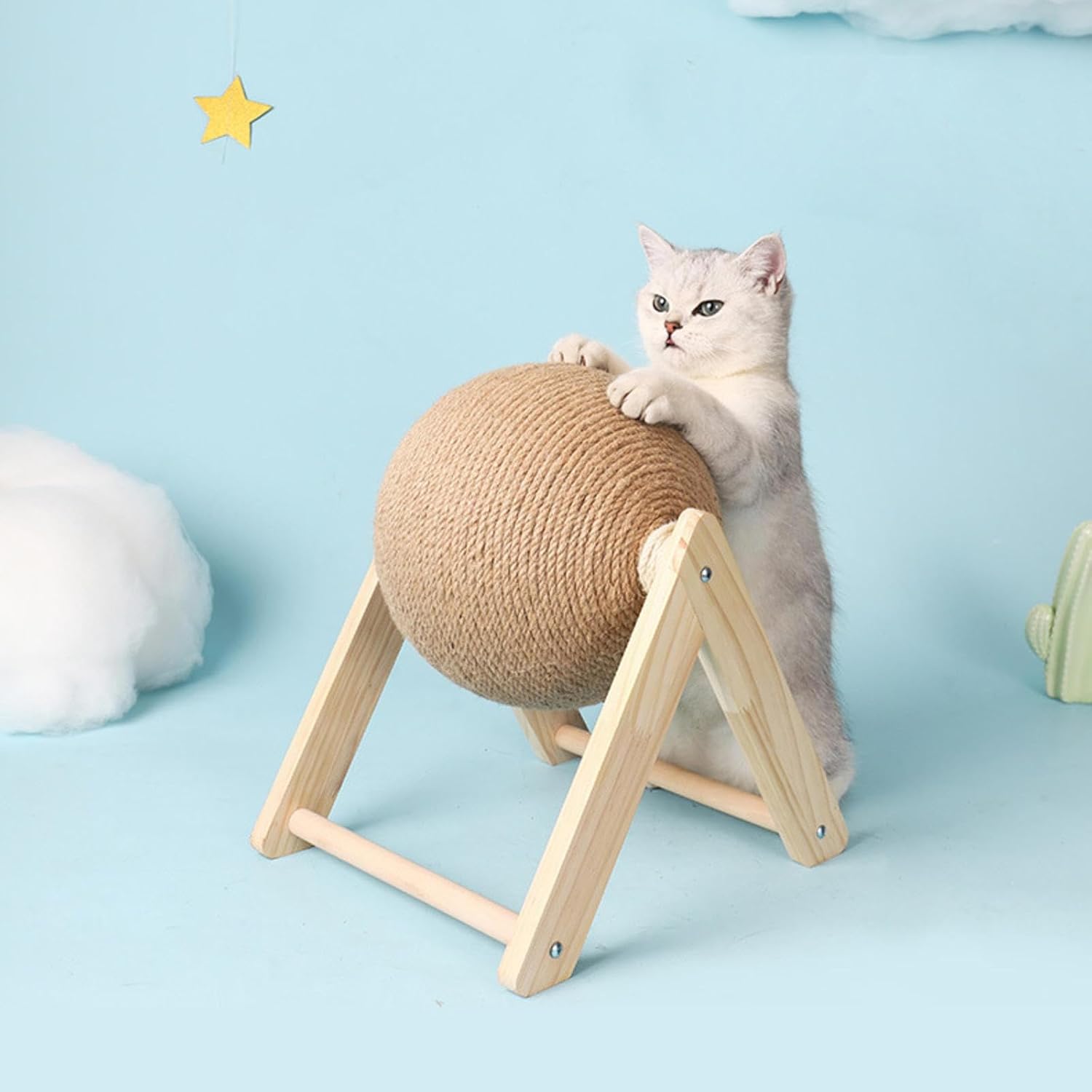 Cat Scratching Post Swivel Ball, Sisal Cat Scratching Ball, Stable Wooden Base and Sisal Rope Rolling Ball for Cats Claws for Climbing Climbing,A-Medium