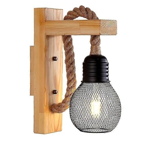 Joyhappst Image Color Hemp Rope Led Industrial Wall Sconce/Wooden Lamp, E27 Baseblack