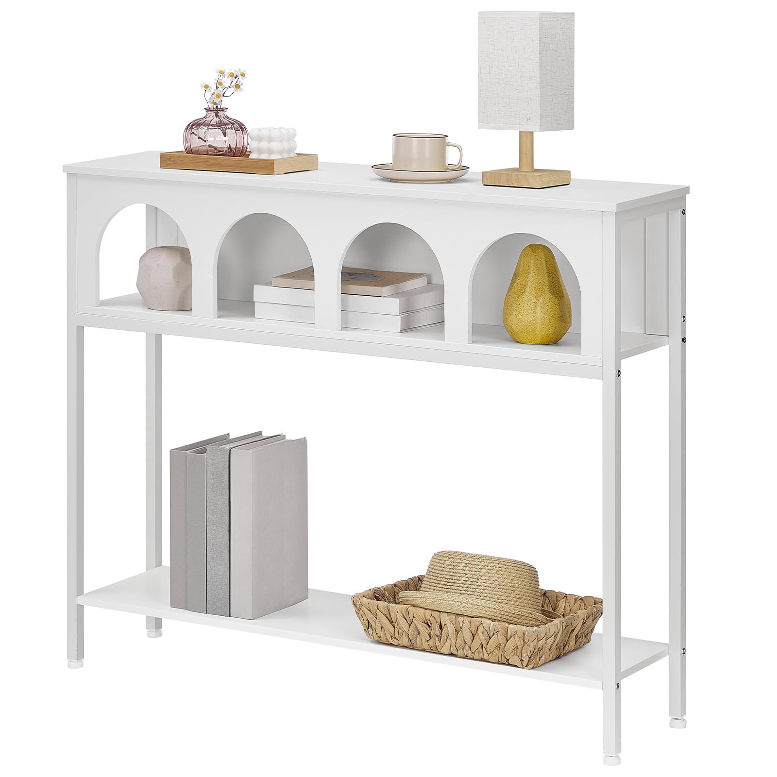 HOOBRO Table d’Appoint à 3 Niveaux en Forme d’Arche, Table d’Entrée de Style Fermière, Cadre Métallique Solide, Table de Canapé Étroite, pour Salon, Couloir, Blanc EWW106XG01