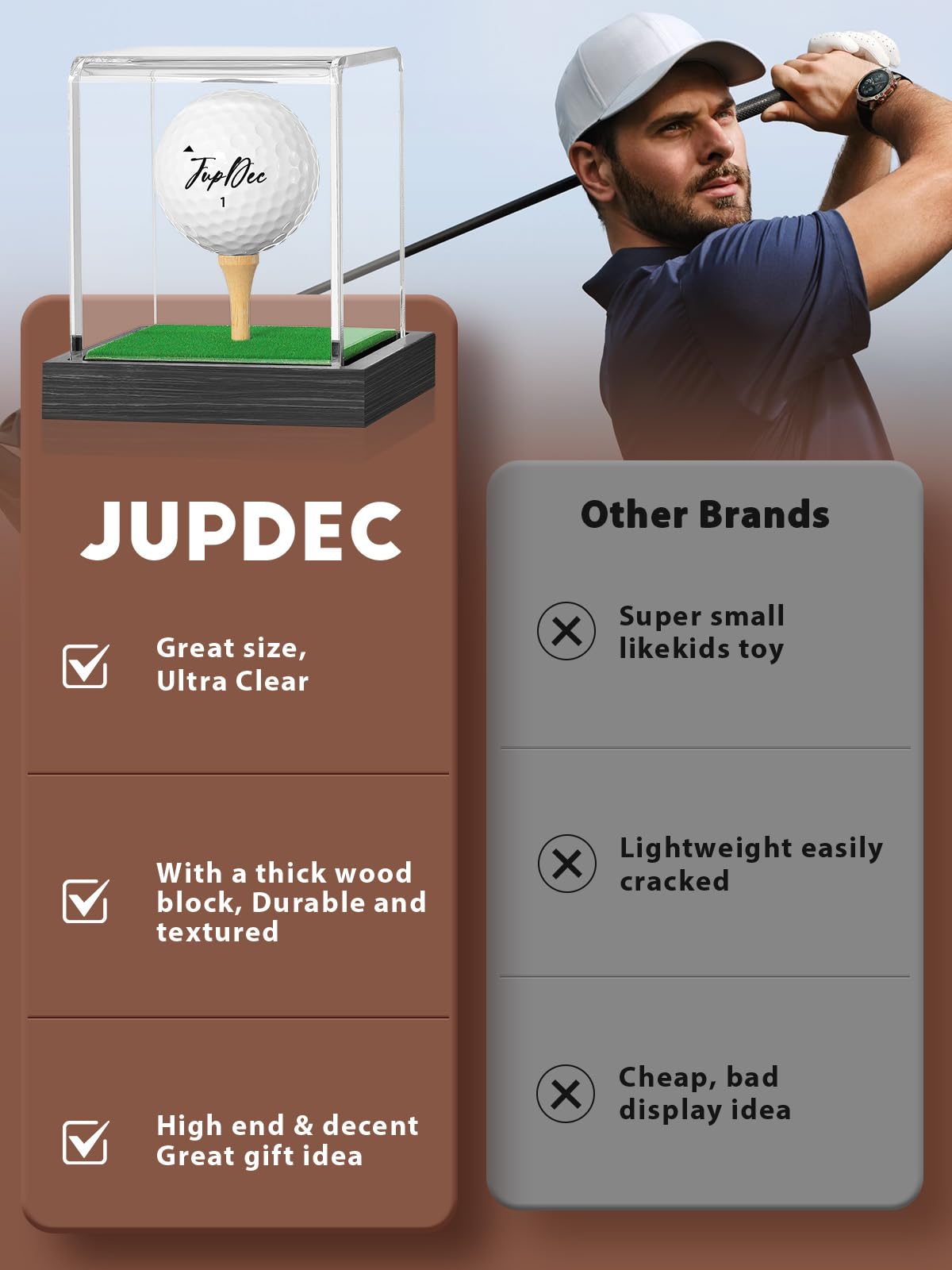 JupDec Vitrina para pelotas de golf, acrílico transparente, soporte de cubo con base de madera y camiseta, caja de almacenamiento transparente con protección contra el polvo para colecciones de