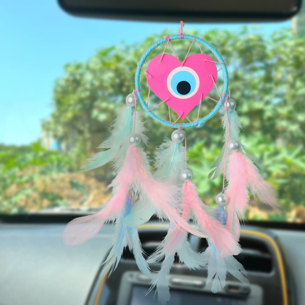 Rooh Dream Catcher - Evil Eye Pastel Love Car Hanging ~ Handmade Hangings for Positivity (Can be Used as Home Décor Accents, Wall Hangings, Car, Bedroom, Meditation Room, Yoga Temple, Windchime)