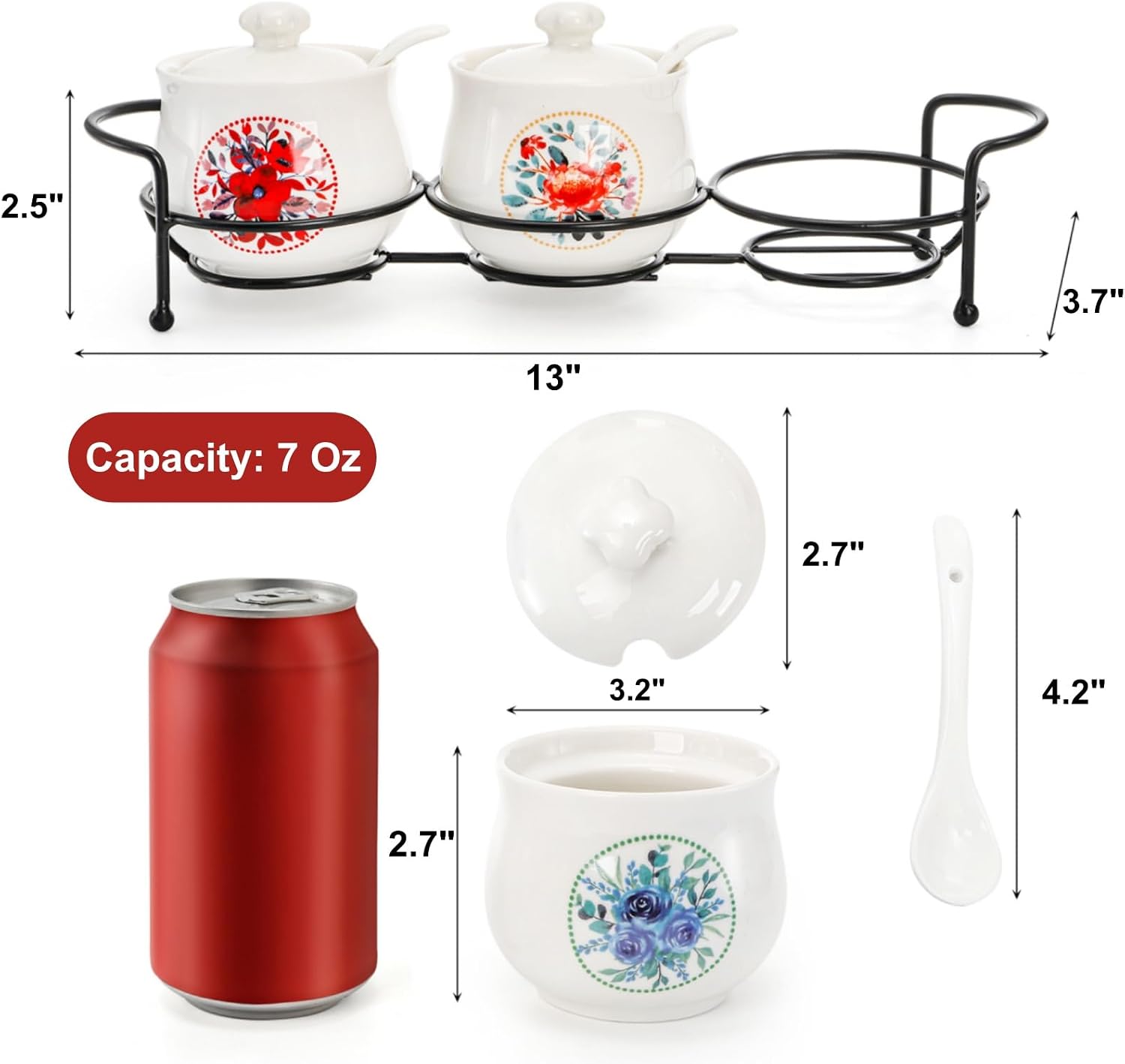 3 Pcs Ceramic Condiment Jars, 7 Oz Small Sugar Bowls with Lids Spoons and Shelf, Round Spice Container Pot Set for Salt Pepper, Empty Seasoning Box for Kitchen Restaurant Home, White