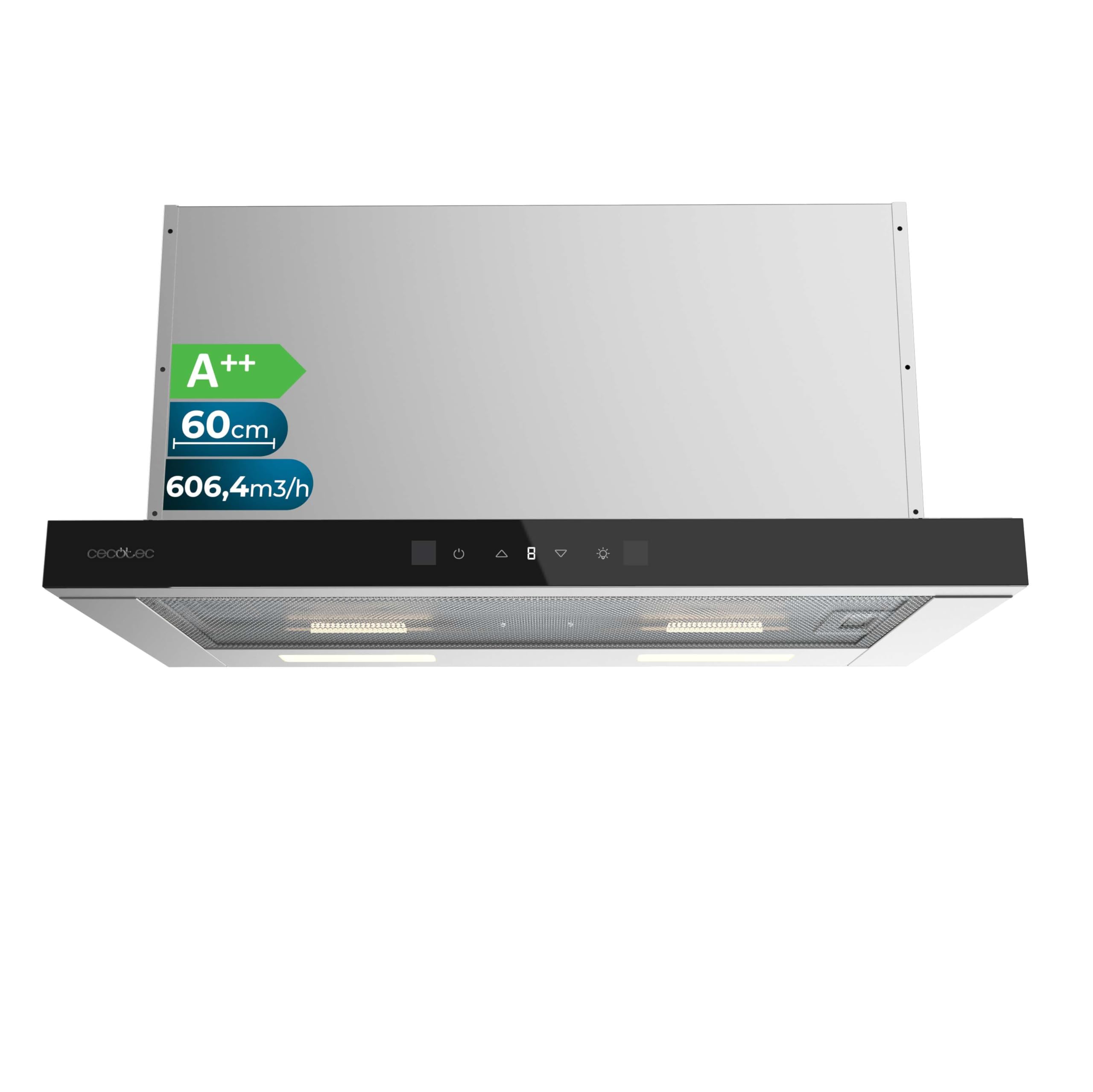 Cecotec Campana Extractora Telescópica Bolero Flux TLT 605501 Glass Black A++. 60cm, 606,4m³/h de succión, Control Táctil Invisible, Control Táctil y Movimiento, Función Booster