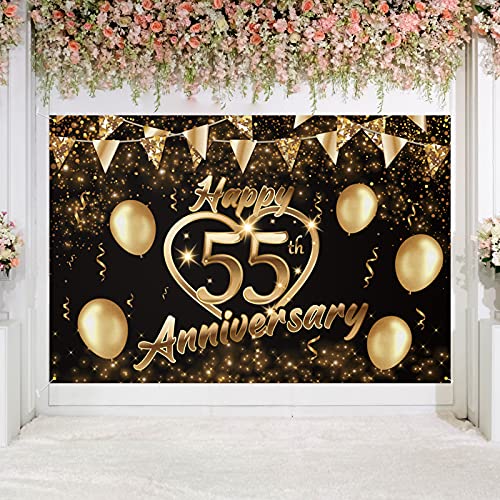 Happy 55th Anniversary Backdrop Banner Decor Black Gold – Glitter Love Heart Happy 55 Years Wedding Anniversary Party Theme Decorations for Women Men Supplies