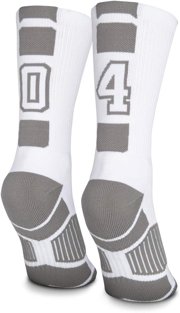 Custom Team Number Socks - White Athletic Mid-Calf | Personalized Crew Socks, Athletic Performance Moisture-Wicking, Cushioned Footbed, Arch Support, Jersey Number, Youth & Adult