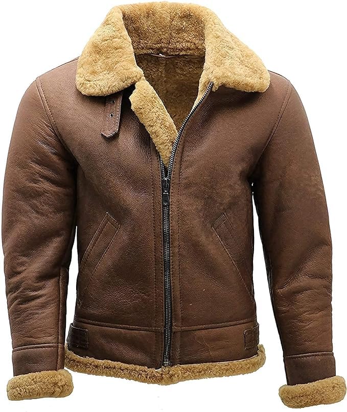 SBRM B3 Bomber Brown Shearling Sheepskin Leather Aviator Flying jacket Mens