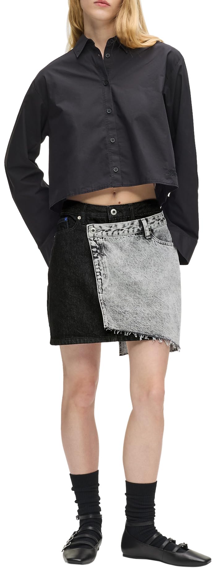 Karl Lagerfeld Jeans Women Contrast Denim Mini Skirt Washed Black Blocked L