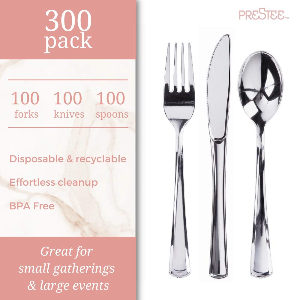 300 Plastic Silverware Set, Silver Plastic Cutlery Set, Disposable Silverware Set 100 Plastic