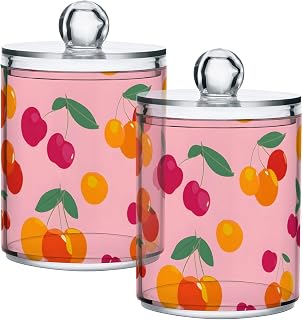 Bathroom Canister Set of 2 Orange Pink Cherry Qtip Holder Dispenser Clear Plastic Apothecary Jars with Lids Bathroom Organizer Storage Containers for Cotton Swab,Ball,Pads,Floss