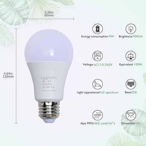 Miniatura 7 de Paquete de 4 bombillas de cultivo A19, bombillas LED de cultivo para plantas de interior, espectro completo, bombilla de crecimiento de 9 W que