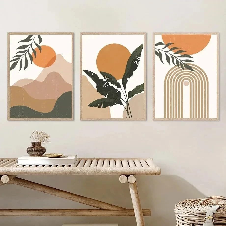 Cuadro abstracto de plantas tropicales y sol bohemio para decorar un dormitorio moderno