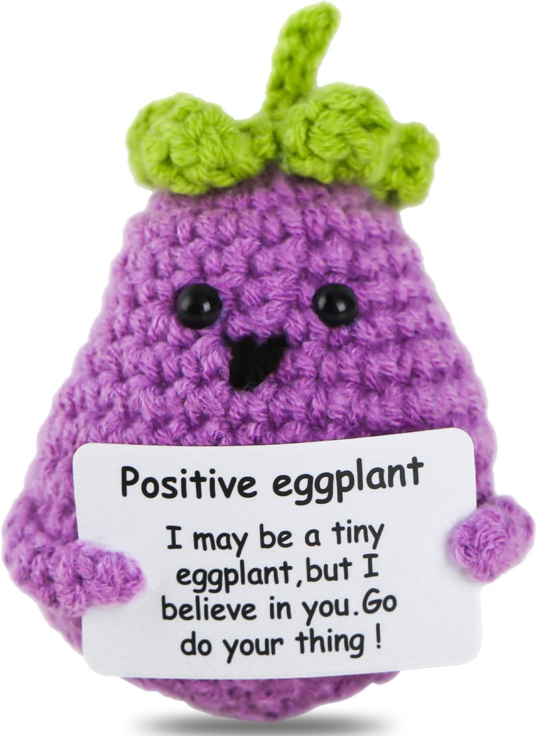 AFORENTIER Funny Positive Eggplant Mini Knitted Wood Eggplant Doll with Positive Card Cute Positive Gifts for Adult Kids Lovers Birthday Thanksgiving Christmas