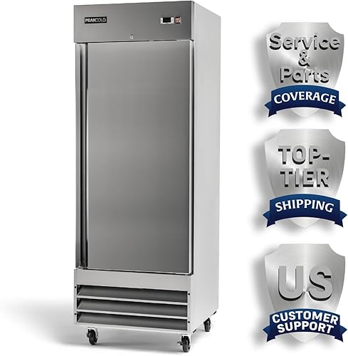 Refrigerador de una sola puerta Peak Cold con alcance comercial en acero inoxidable, interior blanco; 23 pies cúbicos, 29 pulgadas de ancho