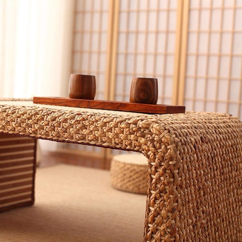 Japanese Style Rattan Table for Bay Window Balcony or Windowsill Multi Purpose and Snack Tray (Beige 80 * 50 * 38cm)