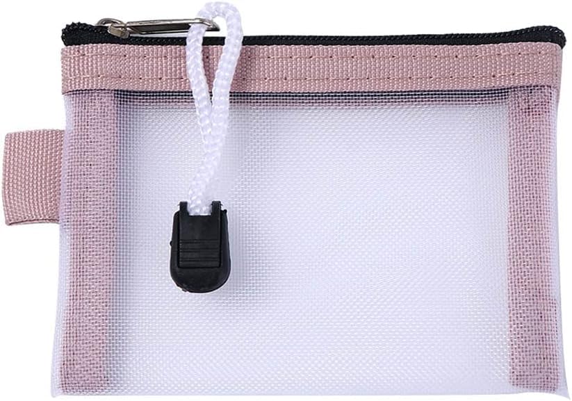 Jowxsx Pink Mesh Storage Bags Casual Travel Mini Zipper Pouch Small Wallet Bags Nylon ID Credit Card Holder Mesh Cosmetic Bag Transparent File Bag