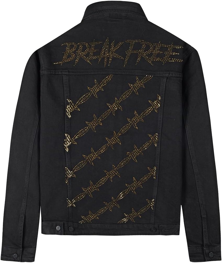 SHION7 Men's Denim Jacket, Slim Fit Streetwear Jean Jackets For Men, Fashionable Embellished Rhinestone Jeans Coat (US, Alpha, Small, Regular, Regular, Black/Gold Wire Stone)