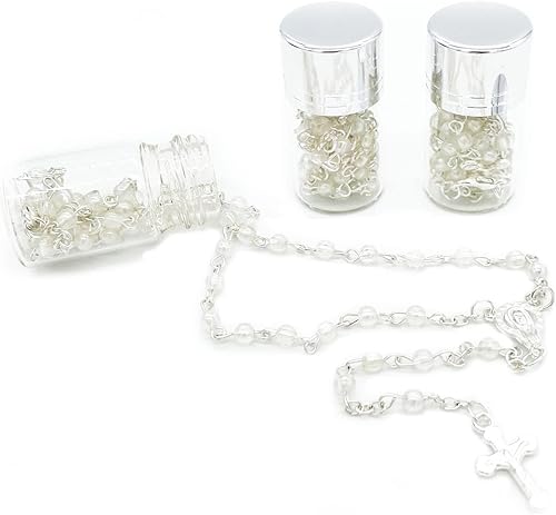 RBN 12 piezas de rosario en frasco de vidrio con perlas blancas claras crucifijo católico crucifijo Jesucristo primera comunión Recuerdos de Baut
