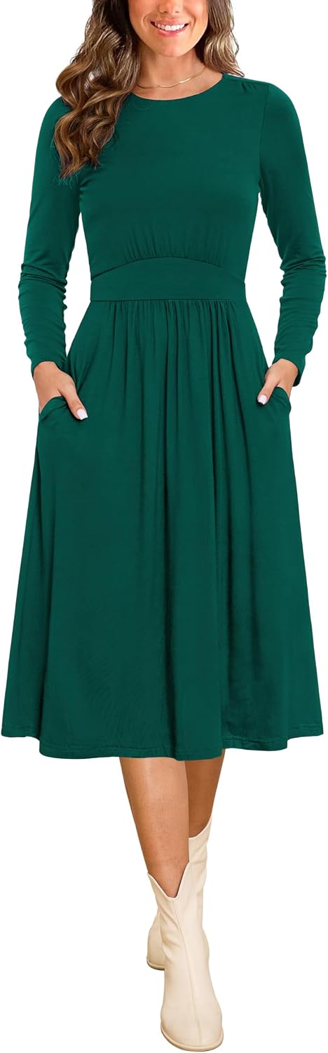 Annebouti Women's Midi Dress With Pockets - Fall/Winter Long Sleeve, Flowy A-Line Wedding Guest Dress, Solid Color (Rayon/Spandex)