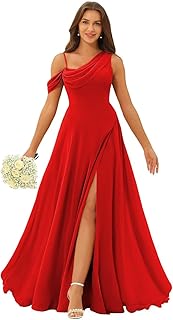 Women’s Ruffle One Shoulder Bridesmaid Dresses Long with Pockets A Line Pleats Formal Dress for Wedding YZTS167 - Buy now