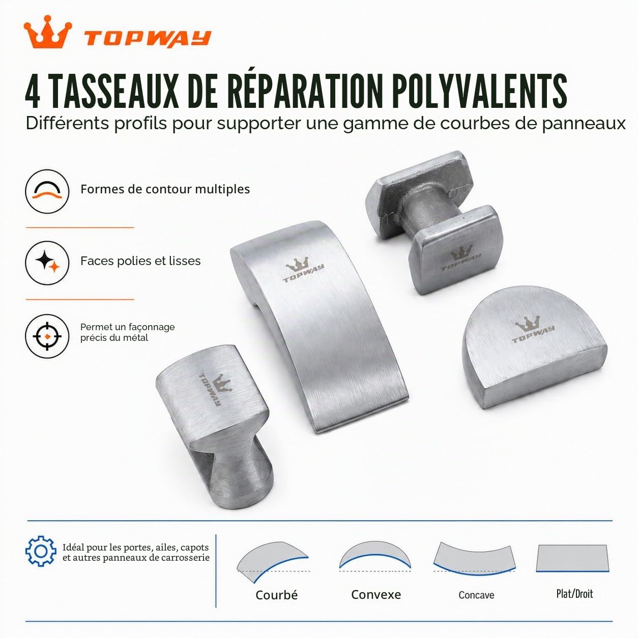 TOPWAY Ensemble d'Outils de Réparation de Carrosserie 7Pcs Professional Marteaux et Tas pour Carrossier avec Manches de Fibres de Verre 454230