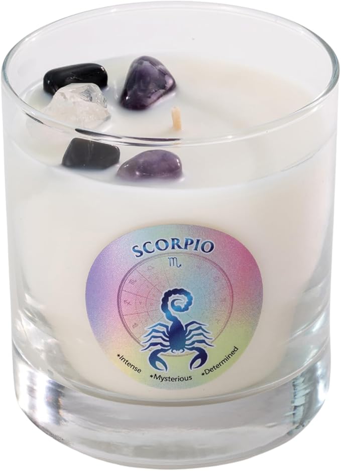 Luxury Glass Jar Candle, Scorpio Zodiac Sign, 8.8 oz - Crystal Infused - Scents of Ozone, Citrus, Sandalwood & Amber - USA Made, Coconut-Soy Wax, Essential Oils, Dr. Developed