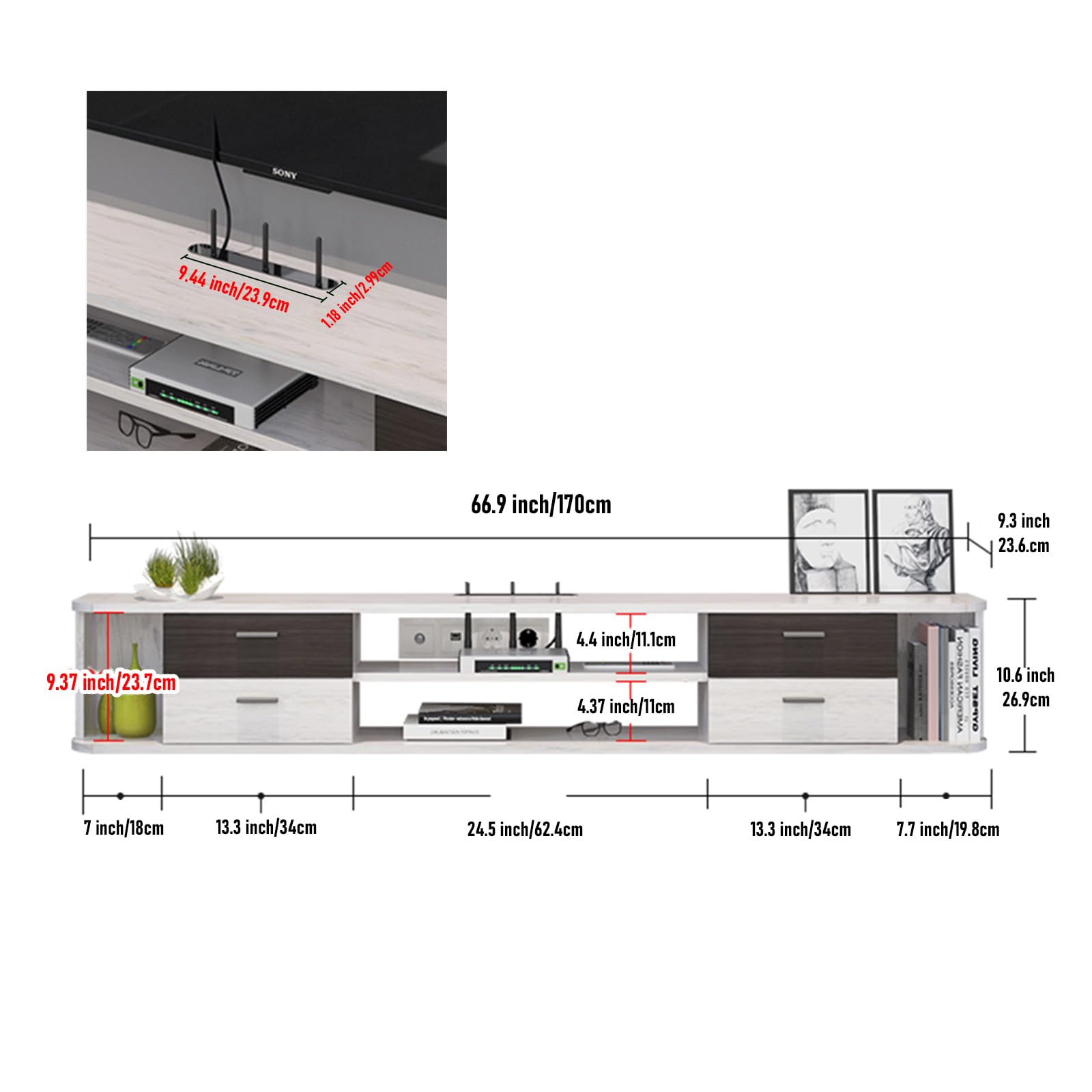 Soporte flotante para TV con 4 cajones, consola flotante de 66 pulgadas para montaje en pared, debajo del estante de entretenimiento de TV, gabinete de TV de pared con cajones y gabinetes 4