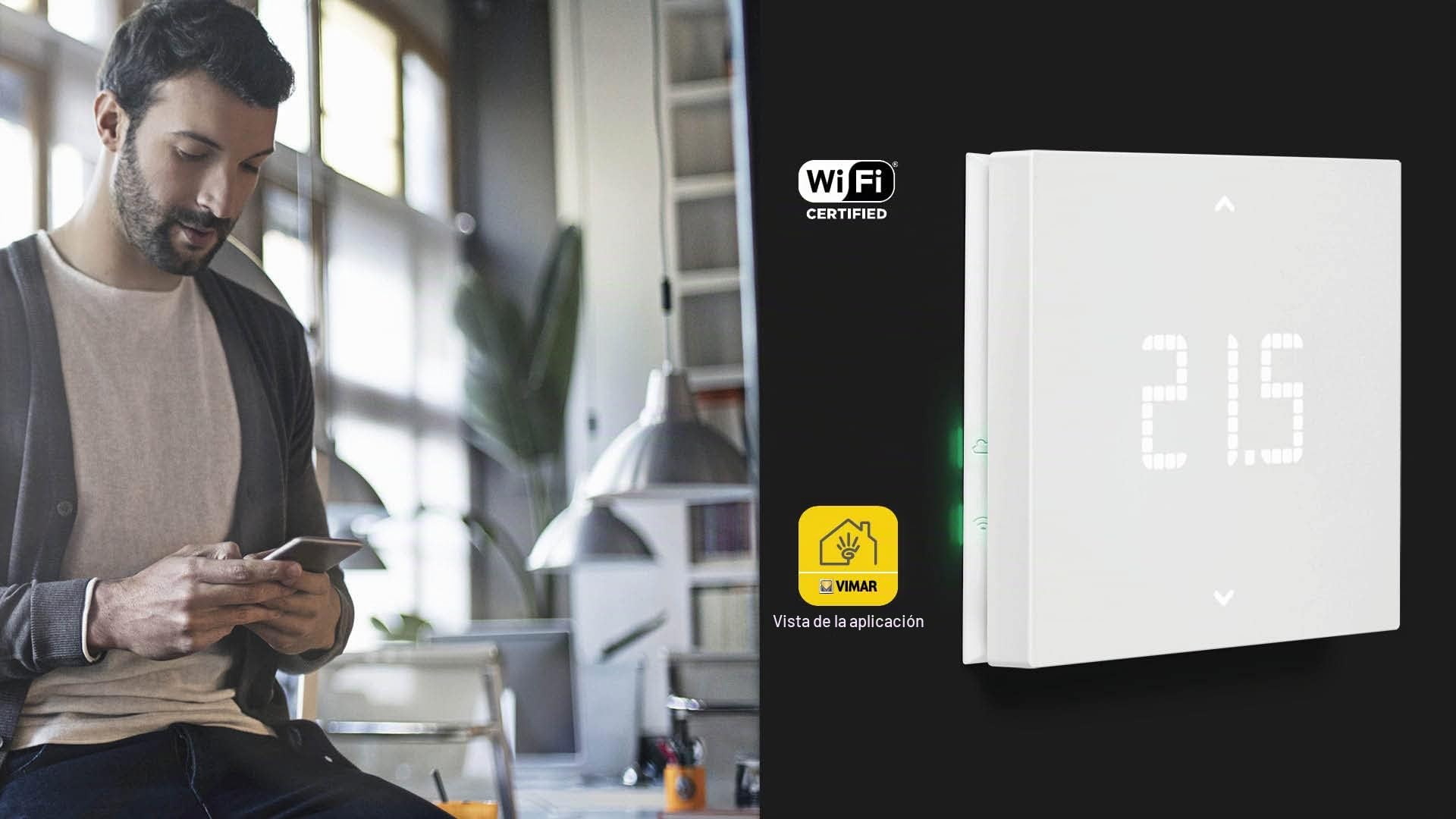 Vimar 02912 Termostato WiFi, Compatible con asistentes de Voz Alexa y Google, Control Local y gestión Mediante aplicación View, retroiluminación de LED, instalación de Superficie