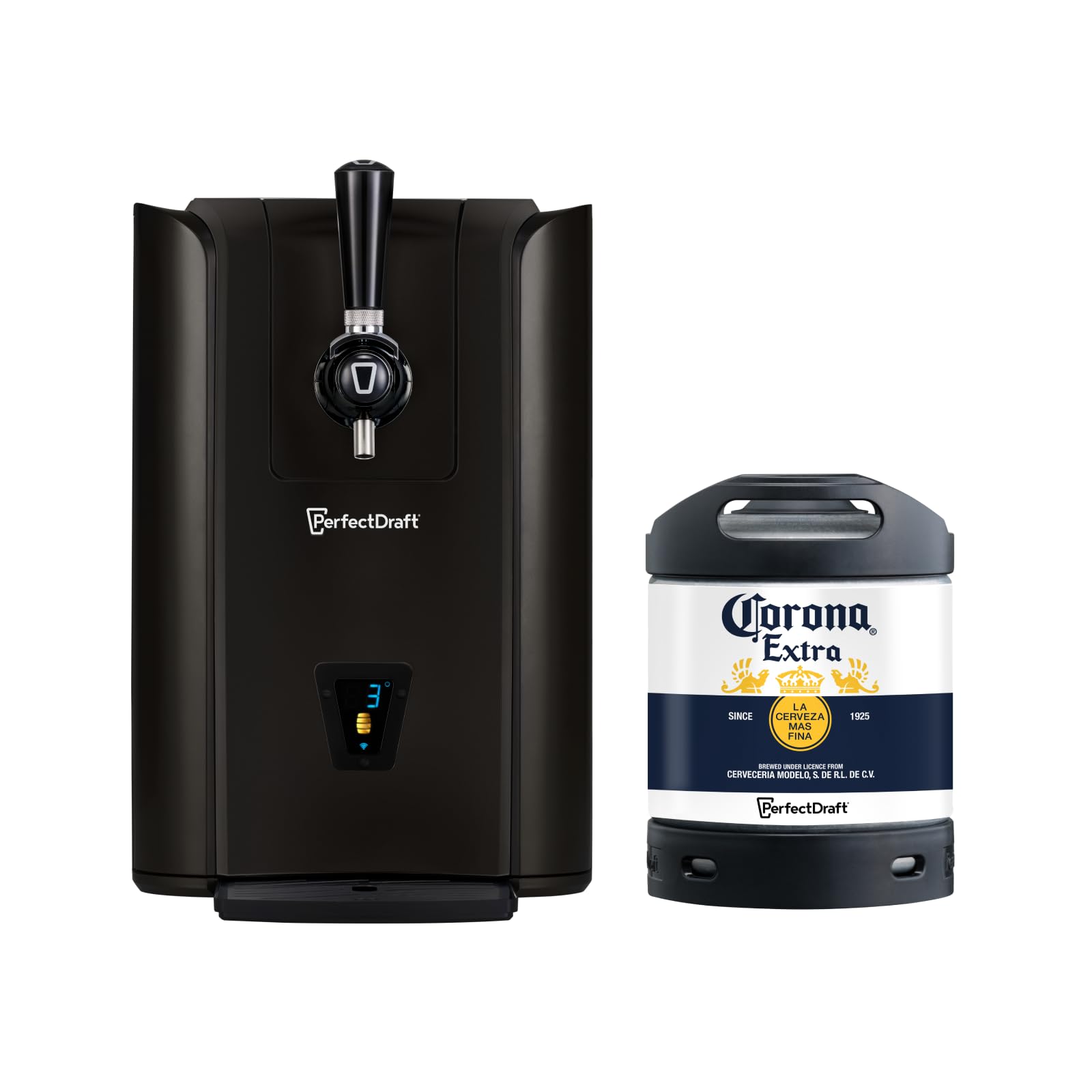 PerfectDraft Pro Black Home Beer Cooler and Dispenser System and Corona Extra Keg