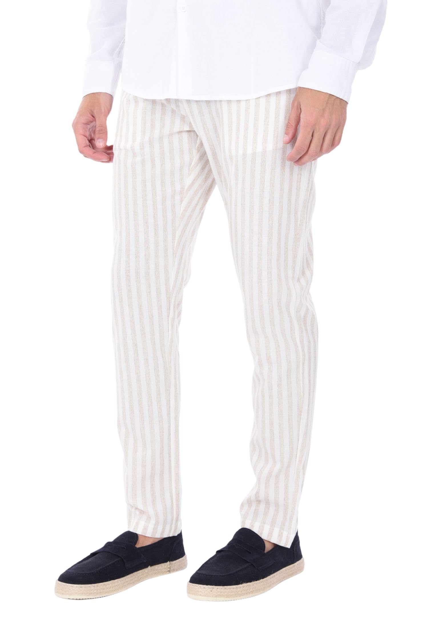 Pantaloni Uomo Lino Estivi Leggeri Fantasia a Righe Pantalone Rigato Elegante Elastico e Laccio in Vita Slim Fit