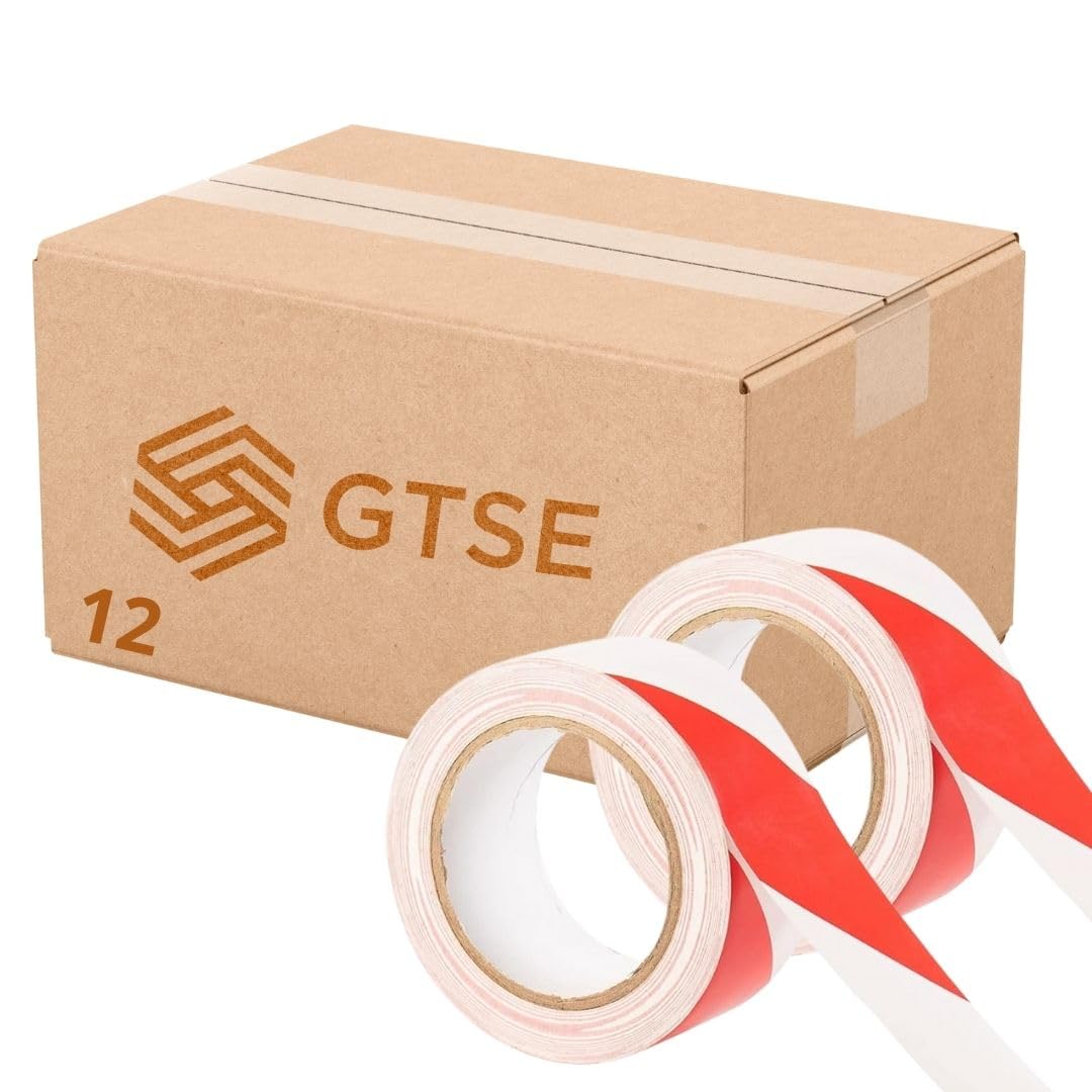 GTSE Hazard Tape Red and White, 50mm (2") x 33m, Strong Adhesive Warning/Caution Tape, Floor Marking Tape, 24 Rolls