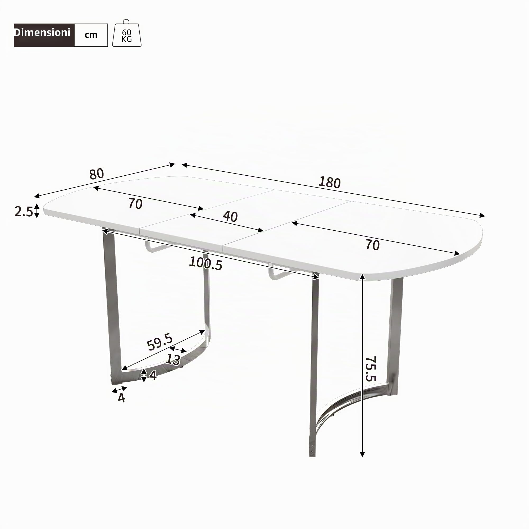 Bladez Tavolo da pranzo allungabile, ovale, 140 – 180 cm, con gambe argentate, moderno ed elegante, per 6 – 8 persone, piano in MDF (bianco + argentato)