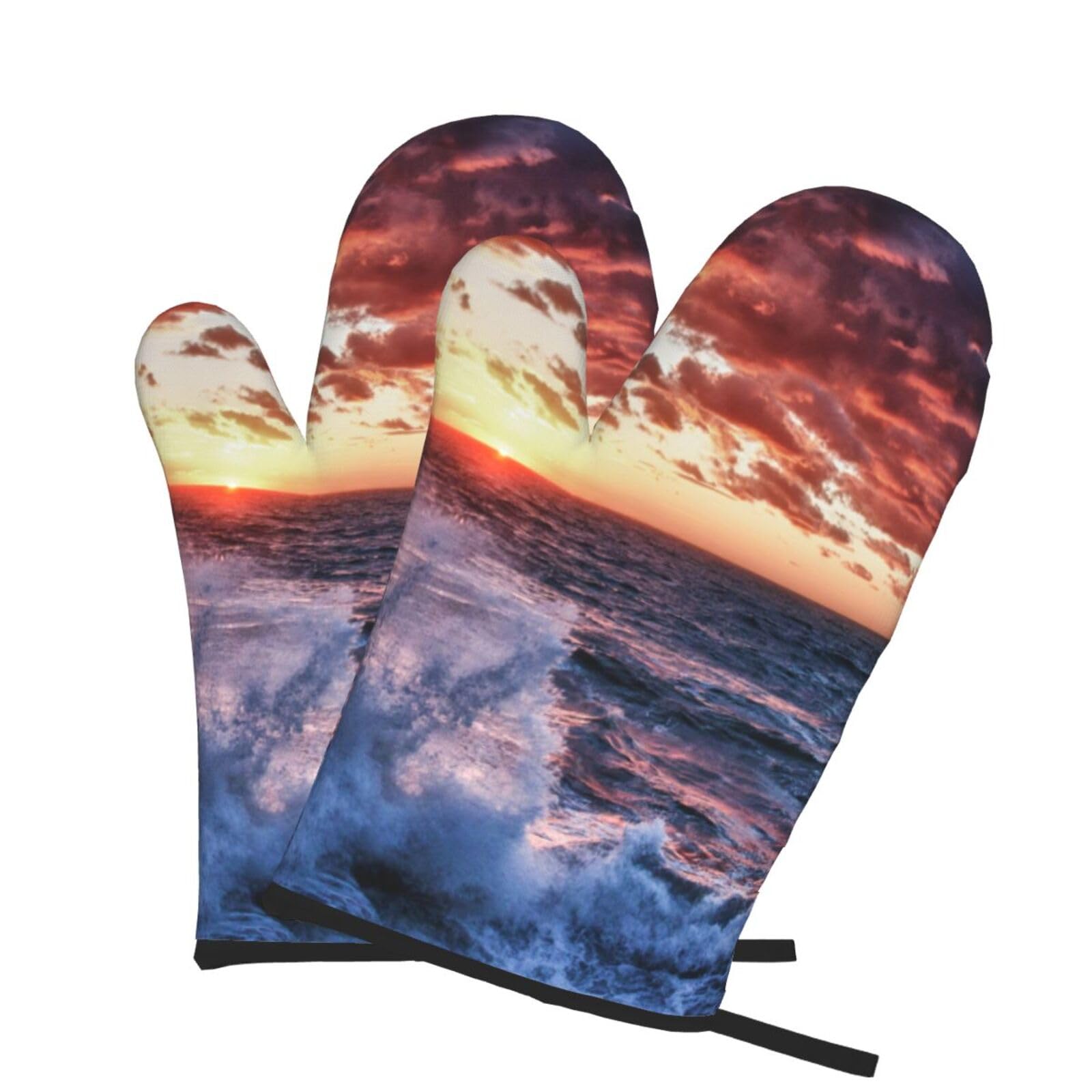 Oven Mitts Set of 2 Pcs, Sea Spray and Sunrise Prints Heat Resistant Kitchen Gloves for Cooking Baking Grilling