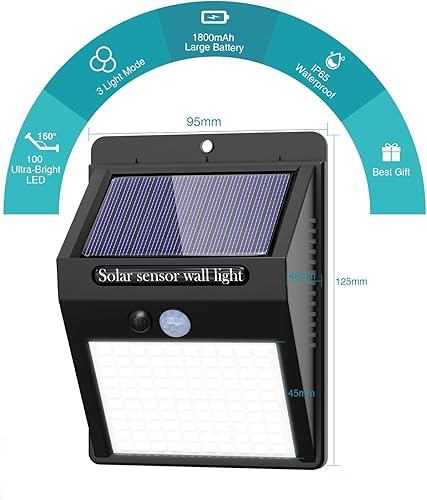 Miniatura 2 de Paquete de 4 luces solares de movimiento al aire libre, 3 modos100 luces LED de seguridad solares inalámbricas IP65 impermeables con sensor de