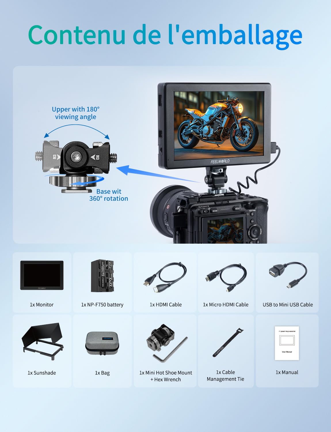 FEELWORLD T7PRO 2000 Nits Moniteur Caméra 7 Pouces 1920x1200 IPS Moniteur Champ avec Boîtier en Aluminium 4K HDMI2.0 HDR Waveform,9:16 Marqueur,Inclut Batterie F750 4400mAh et Sac