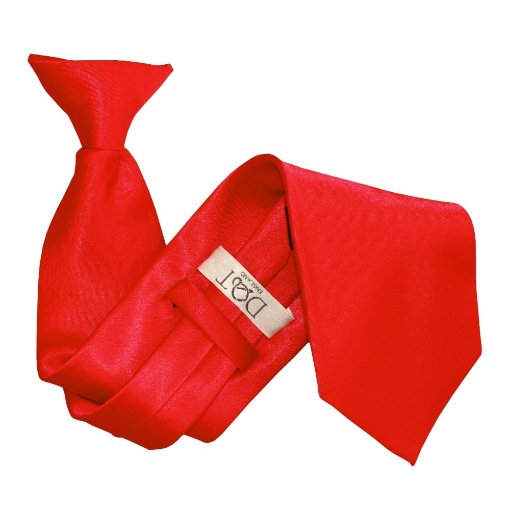 DQT Mens Plain Satin Clip-On Tie - Pre-Tied Necktie for Wedding, Business, Uniform, Security & Formal - Red