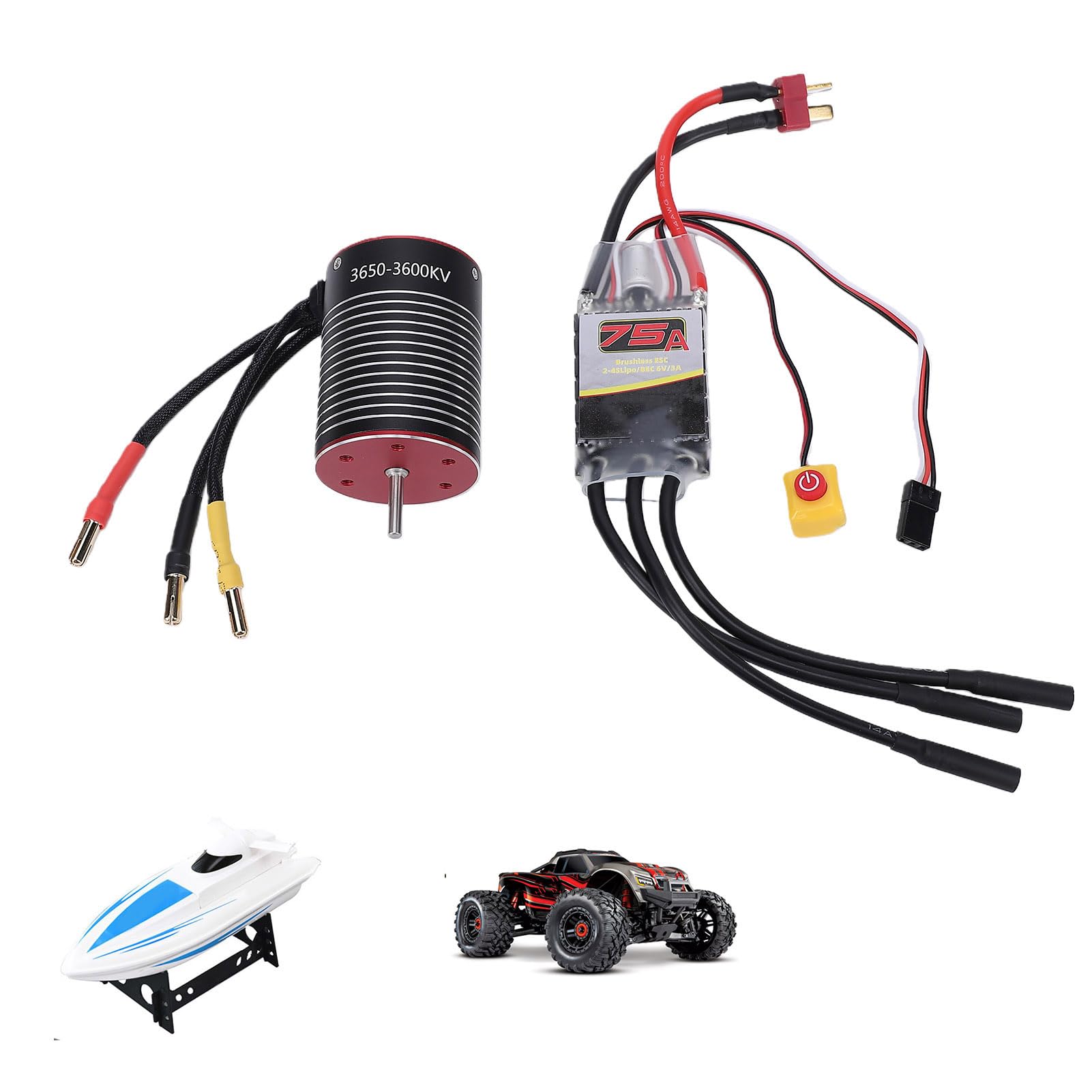 Generic Bezszczotkowy Silnik RC ESC Combo 3650 3600KV, 75A Bezszczotkowy Silnik i Zestaw ESC z Aluminiowym Radiatorem CNC i Zabezpieczeniami, do Zdalnie Sterowanych Samochodów i łodzi 1/10