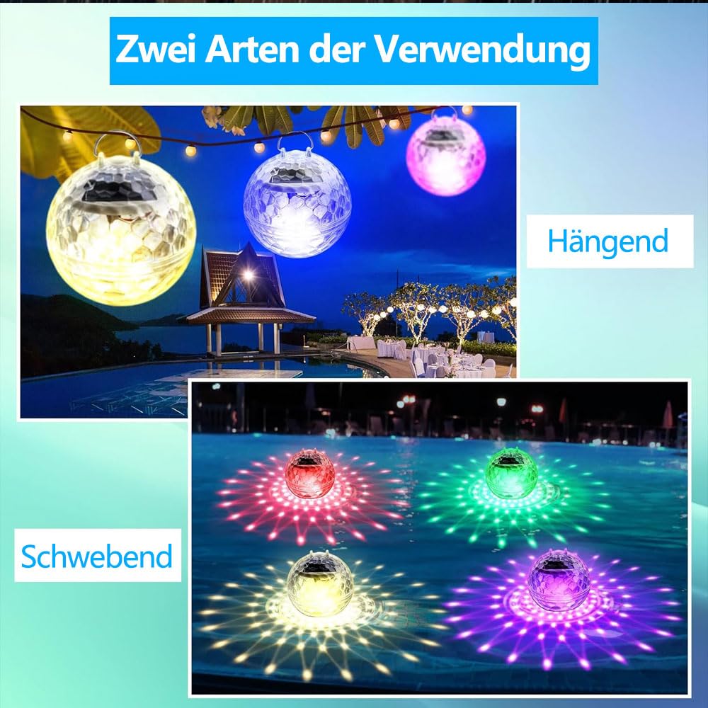Zestaw 2 pływających lamp basenowych, solarnych lamp basenowych, wodoodporna kula basenowa, wodoodporne oświetlenie basenowe LED, dekoracja krajobrazu do basenu, stawu, imprezy, ogrodu