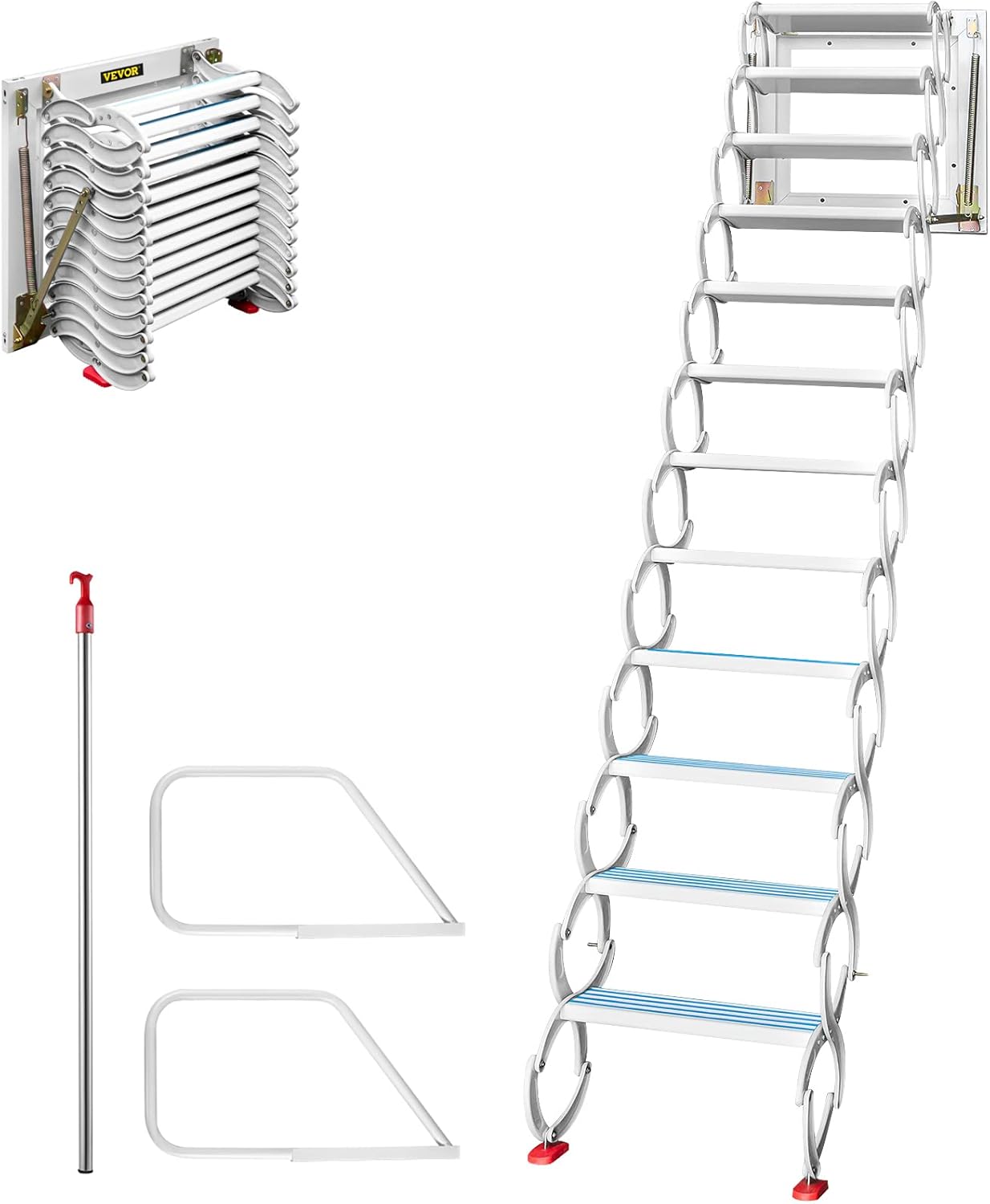 VEVOR Attic Steps Pull Down 12 Steps Attic Stairs Alloy Attic Access Ladder, White Pulldown Attic Stairs, Wall-mounted Folding Stairs for Attic, Retractable Attic Ladder with Armrests, 9.8 feet Height