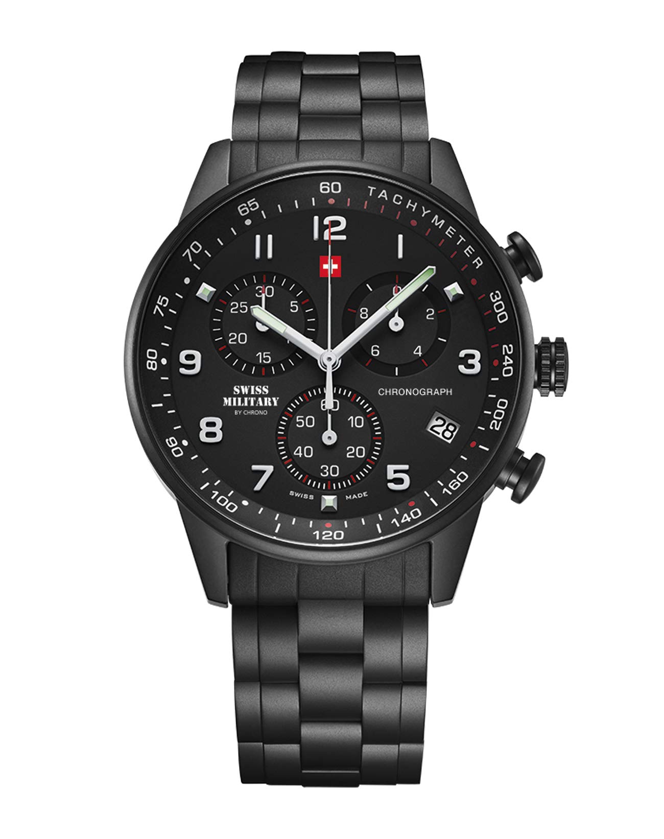 Swiss Military by Chrono Herren Uhr Chronograph Quarzuhrwerk mit Edelstahl Metallarmband Analoge Herrenuhr Armbanduhr Schwarz SM34012.04