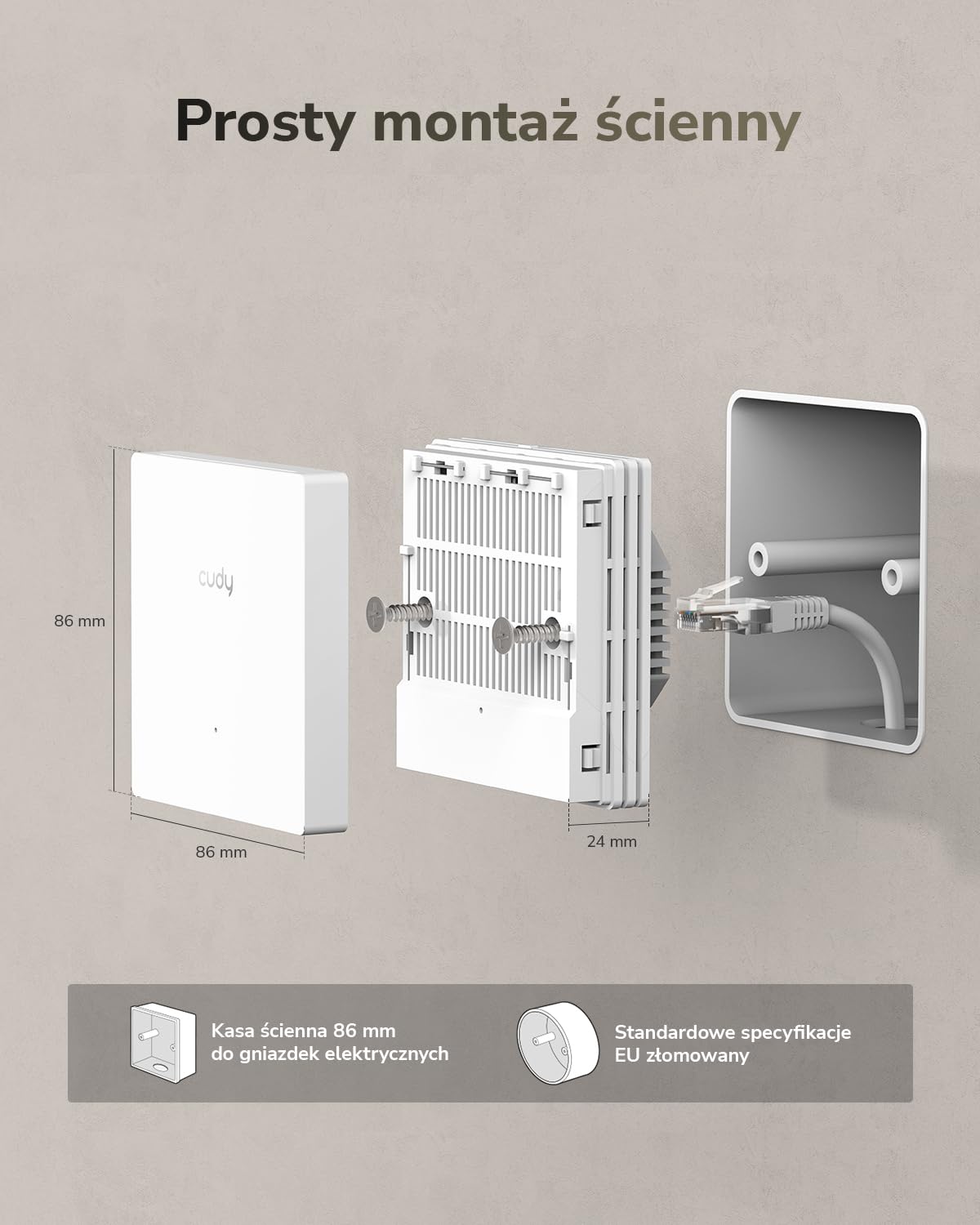 Cudy AC1200 Dwupasmowy Gigabitowy Punkt Dostępowy w Formie Gniazdka Ściennego, konstrukcja 86 mm, port Gigabit RJ45, obsługa Mesh, MU-MIMO, Beamforming, płynny roaming, zasilanie PoE, AP1300E Wall