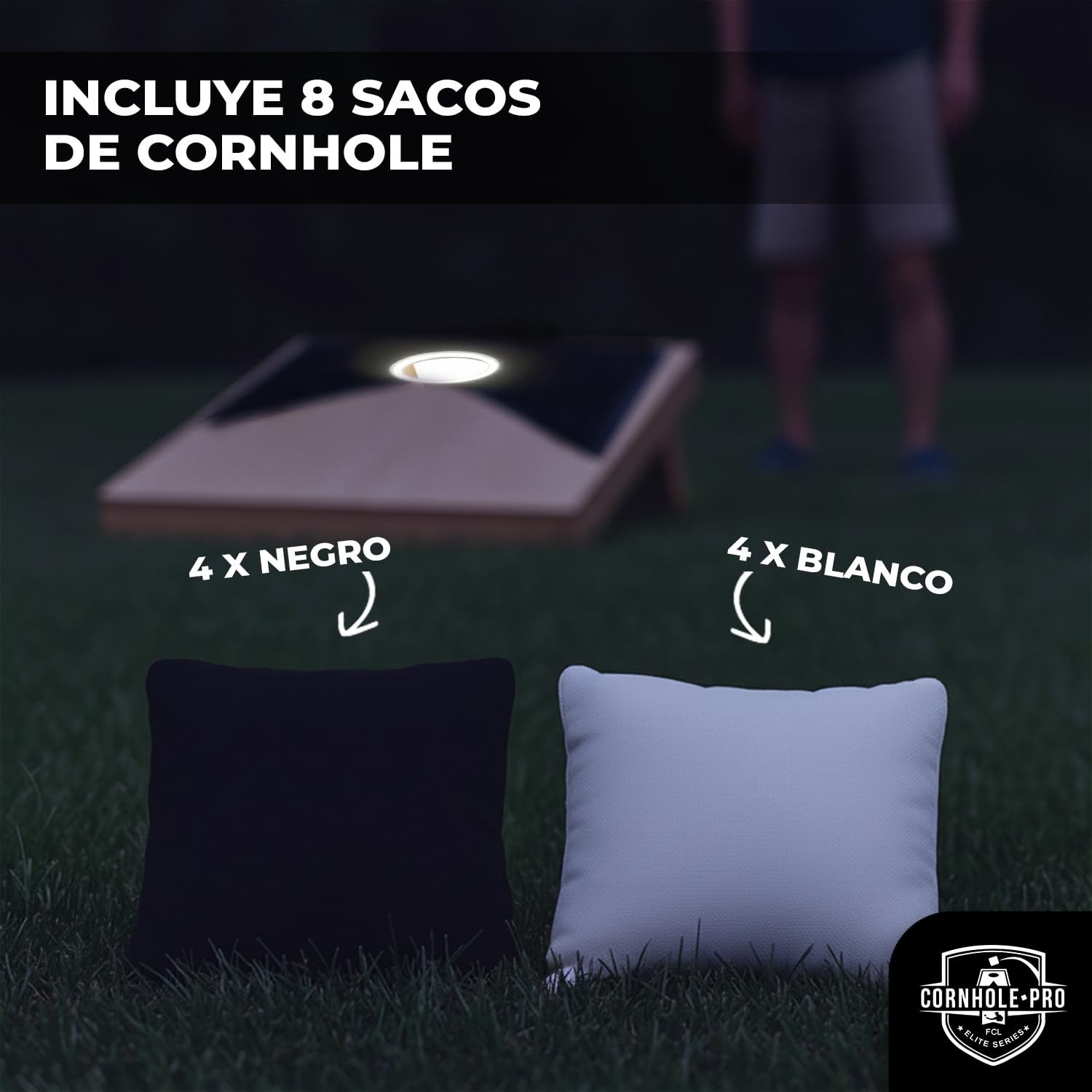 Cornhole Oficial Luminoso de Madera – 90×60 cm – 2 Tableros con Leds + 8 Sacos – Set Completo con Bolsa de Transporte – Juego Exterior para Jardín y Noches – Original Corner