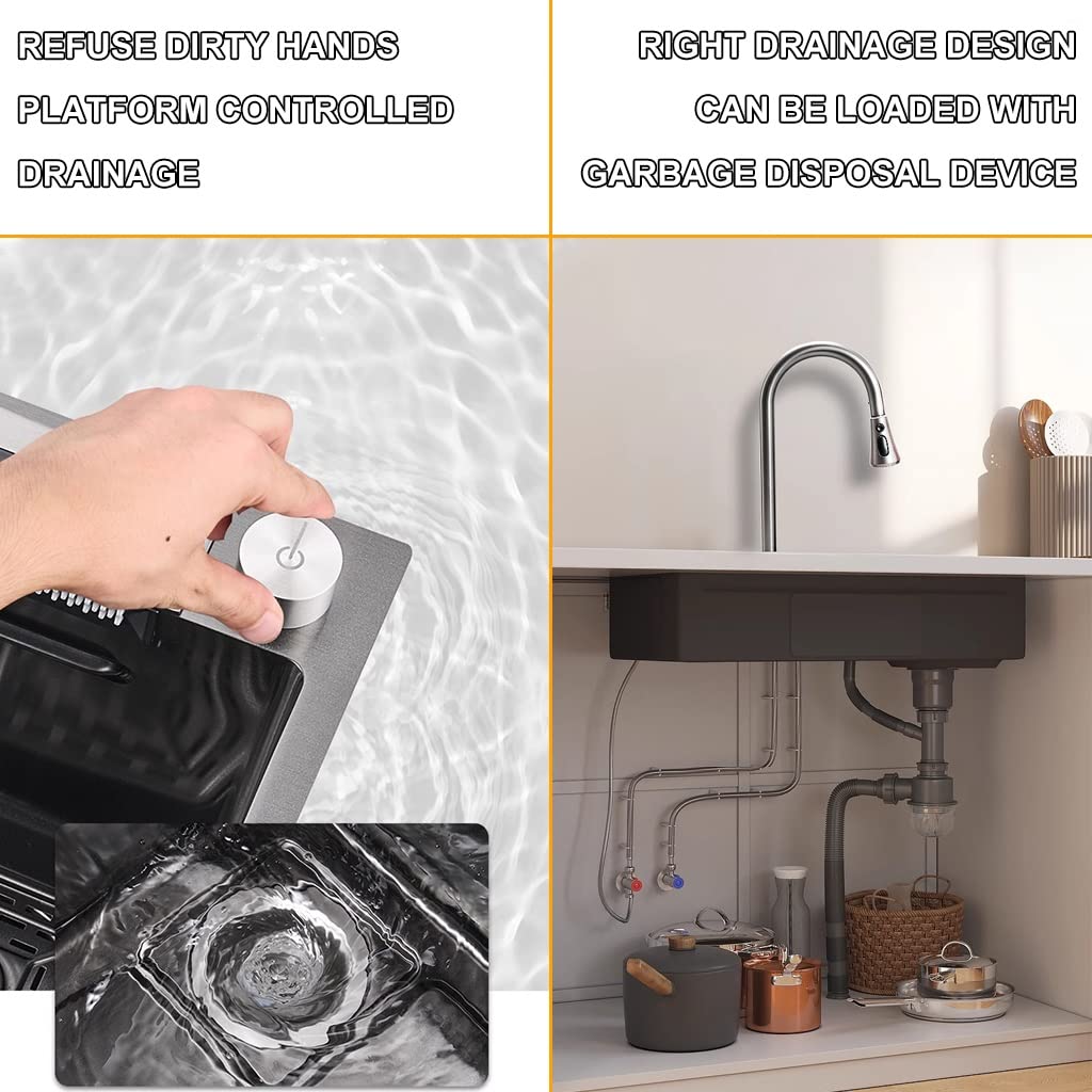 Fregadero de cocina de acero inoxidable con grifo en cascada, diseño de cuenco único, juego completo de accesorios para instalación de doble montaje, acabado negro moderno