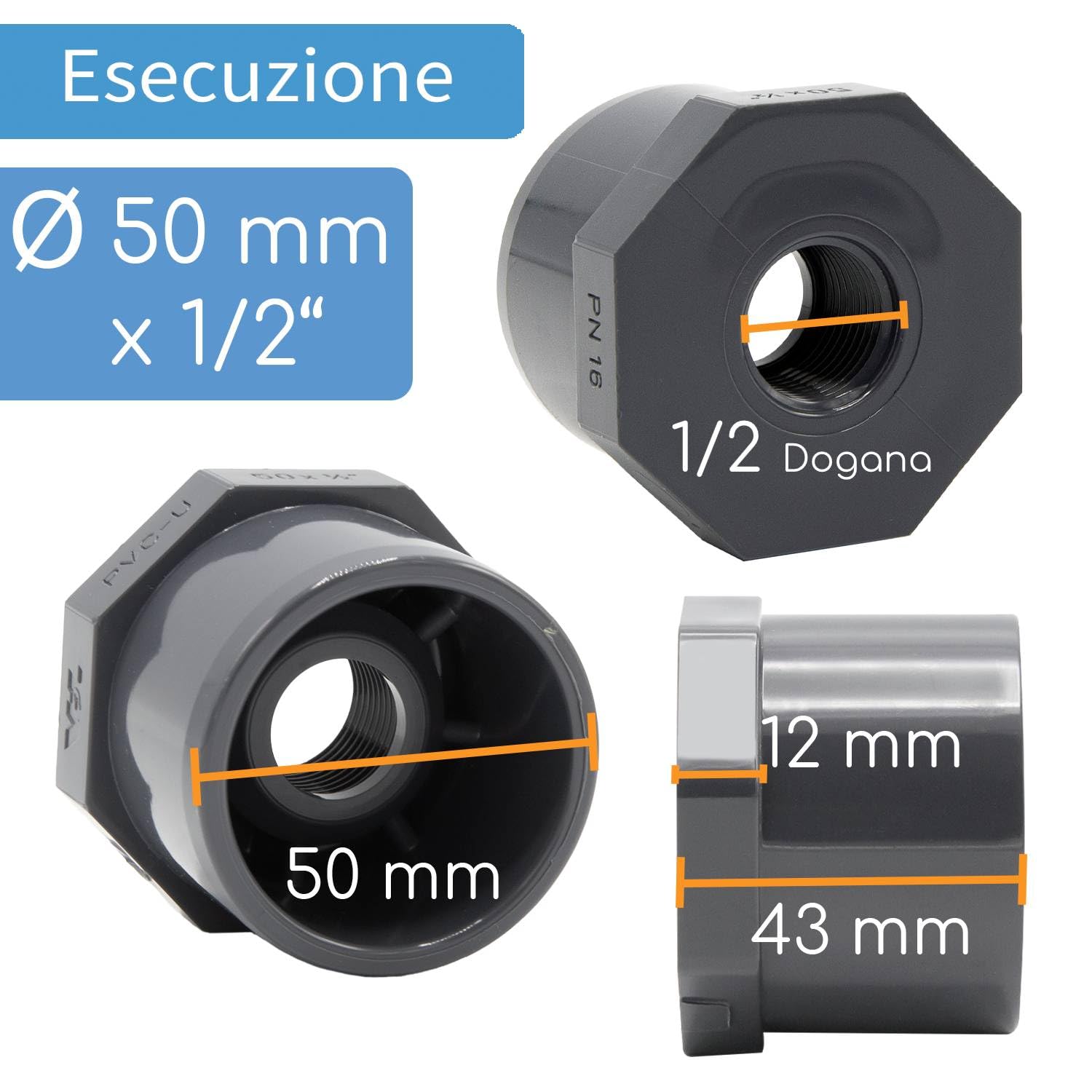 Baumaxxe I Raccordo riduzione PVC-U I Incollaggio 50 mm x filettatura femmina 1/2 I manicotto riduttore con ottagono I per tubazioni piscina irrigazione e impianti acqua I bm182