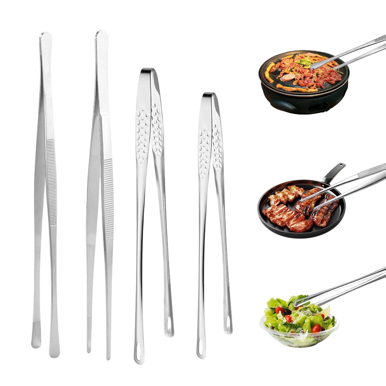 UCFBWO 4Pcs Kochpinzette Edelstahl Küchenpinzette Edelstahl Fleischpinzette | mit Gezackten Spitzen Zange Küche Lange Pinzette Küche Grillpinzette für Küchen Grillen Kochen Essen Servieren