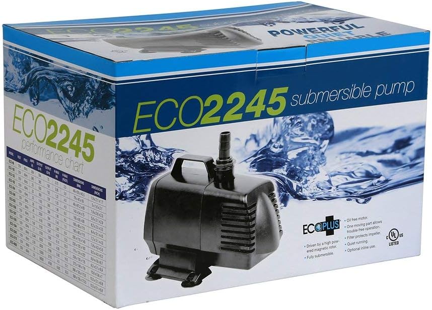 EcoPlus Eco 2245 Water Pump Fixed Flow Submersible Or Inline For Aquariums, Ponds, Fountains & Hydroponics - UL Listed, 2166 GPH, Black