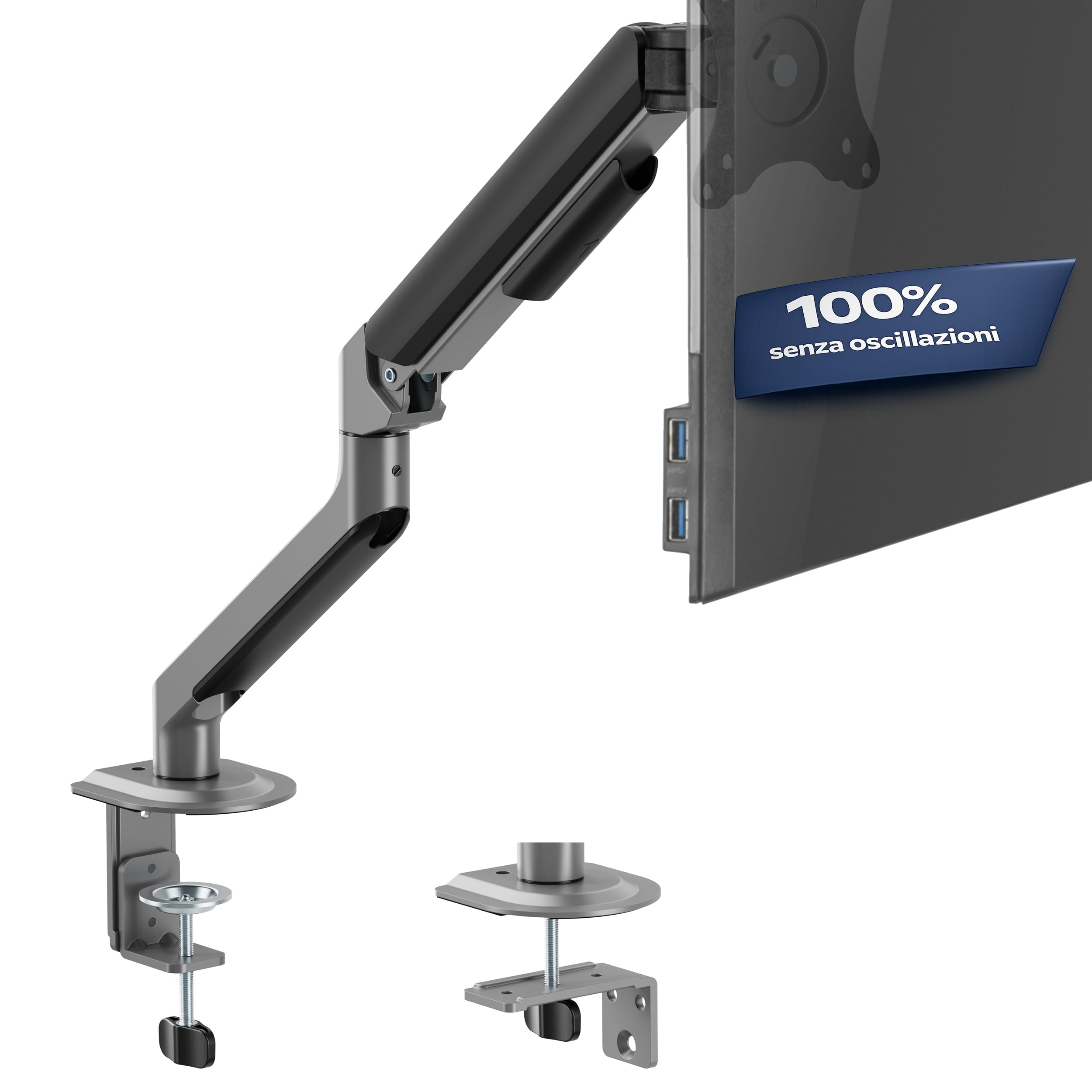 3IDEE Supporto 1 monitor da scrivania per monitor 17-32 pollici - regolabile in altezza, stabile fino a 9 kg - design sottile in alluminio - inclinabile, ruotabile, orientabile - VESA 75x75 e 100x100
