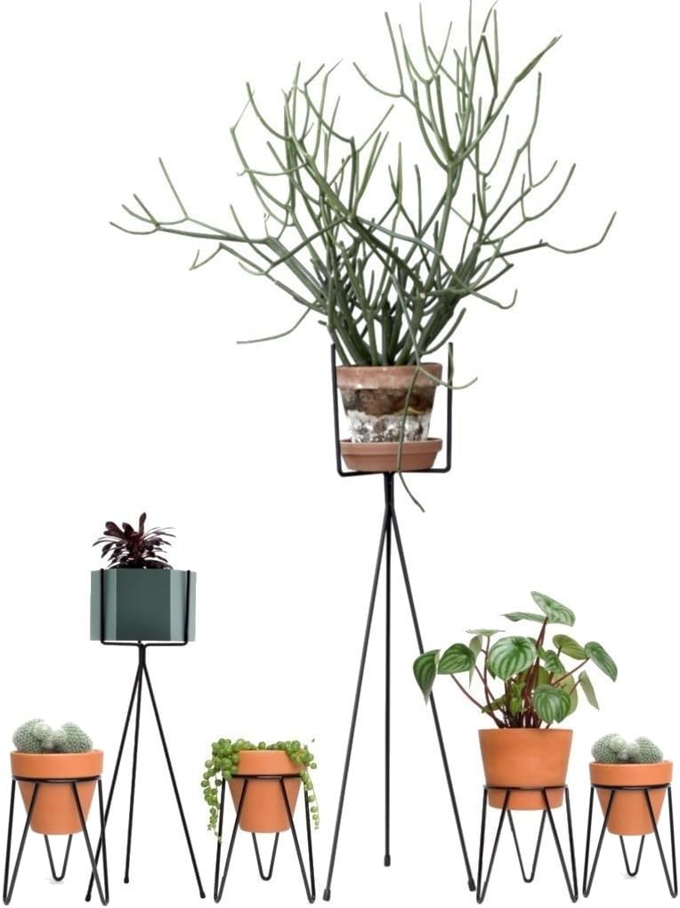 NAYAB Retro Tripod And Hairpin Flower Pot Handicraft Plant Stand Rack for Balcony, Room, Office, Garden, Indoor and Outdoor (Black Tripod + Round Set)