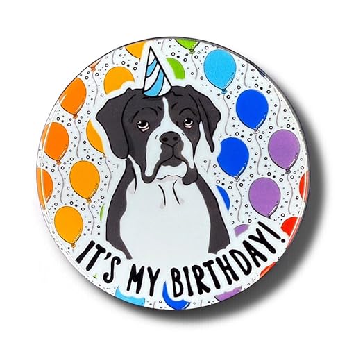 Boxer Dog Birthday Balloon Pinback Button, Handmade Pet Portrait Celebration Gift, 2.25 or 3.5 Inch Available (Black & White, 2.25
